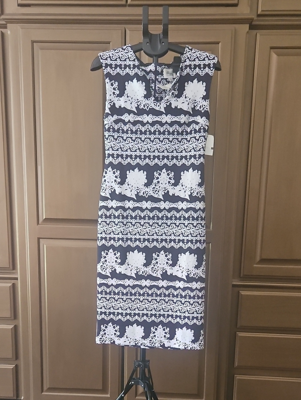 Sleeveless Navy and White Patterned Sheath Dress